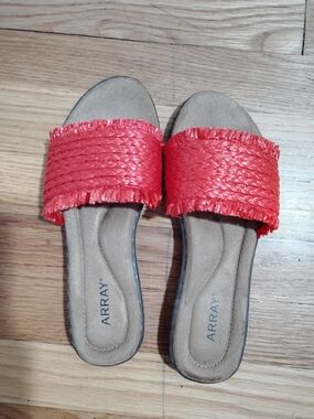ARRAY Coral Red Braided Fringe Slide Mules